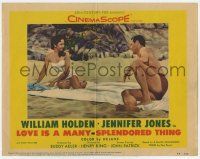 3k787 LOVE IS A MANY-SPLENDORED THING LC #5 '55 William Holden & Jennifer Jones on the beach!