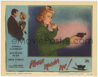 3k863 PLEASE MURDER ME LC #4 '56 great close up of scared Angela Lansbury pointing gun!