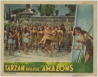3k936 TARZAN & THE AMAZONS LC '45 Johnny Weissmuller holding Shirley O'Hara, many female warriors!