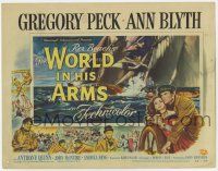 3k537 WORLD IN HIS ARMS TC '52 art of Gregory Peck & Ann Blyth at ship's wheel + ships at sea!