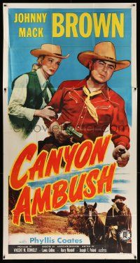3p283 CANYON AMBUSH 3sh '52 great image of cowboy Johnny Mack Brown protecting Phyllis Coates!