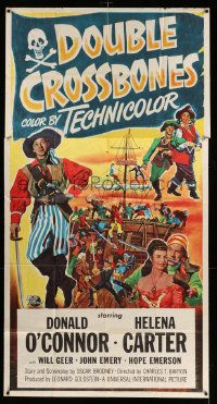 3p307 DOUBLE CROSSBONES 3sh '51 artwork of pirate Donald O'Connor & Helena Carter by ship!