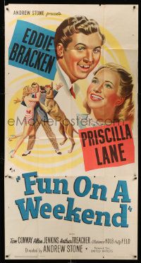 3p322 FUN ON A WEEKEND 3sh '47 stone litho art of Eddie Bracken & pretty Priscilla Lane!