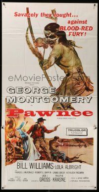 3p410 PAWNEE 3sh '57 cool full-length art of Native American with bow & arrow!