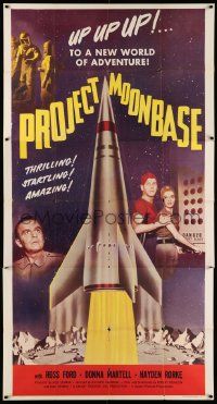 3p419 PROJECT MOONBASE 3sh '53 Robert Heinlein, cool art of rocket ship & wacky astronauts!