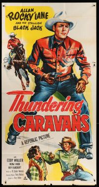 3p461 THUNDERING CARAVANS 3sh '52 great artwork of cowboy Rocky Lane w/smoking gun & Black Jack!