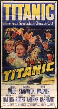 3p463 TITANIC 3sh '53 great artwork of Clifton Webb, Barbara Stanwyck & legendary ship, rare!
