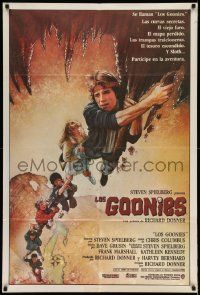 3p891 GOONIES Argentinean '85 cool Drew Struzan art of top cast hanging from stalactite!