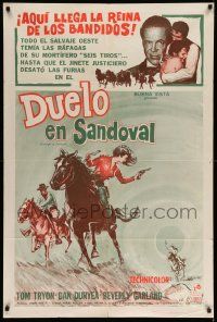 3p894 GUNDOWN AT SANDOVAL Argentinean '60 art of cowgirl Beverly Garland on horse shooting behind!