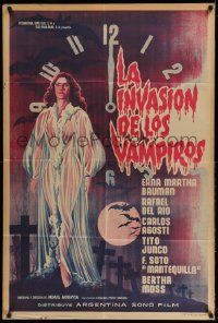 3p910 LA INVASION DE LOS VAMPIROS Argentinean '63 cool art of sexy vampire in see-through robe!