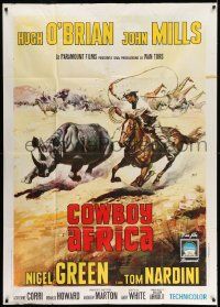 3p501 AFRICA - TEXAS STYLE Italian 1p '67 Mos art of O'Brian roping rhino by stampeding animals!