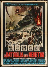 3p523 BATTLE OF NERETVA Italian 1p '69 different Gasparri art of World War II tank & soldiers!
