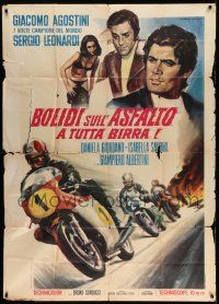 3p542 BOLIDI SULL'ASFALTO A TUTTA BIRRA Italian 1p '70 cool Piovano artwork of motorcycle racing!