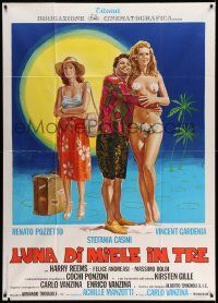 3p693 LUNA DI MIEL IN TRE Italian 1p '76 art of man on the beach between two sexy ladies!