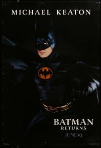 3r191 BATMAN RETURNS teaser 1sh '92 Burton, Michael Keaton as caped crusader, cool dated design!