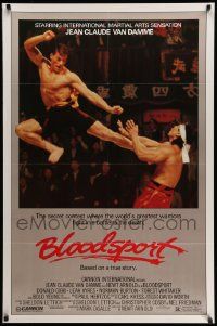 3r232 BLOODSPORT 1sh '88 cool image of Jean Claude Van Damme kicking Bolo Yeung in his huge pecs!