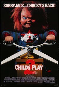 3r338 CHILD'S PLAY 2 DS 1sh '90 great image of Chucky cutting jack-in-the-box with scissors!