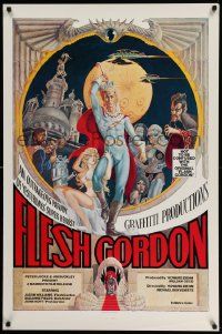 3r638 FLESH GORDON 1sh '74 sexy sci-fi spoof, wacky erotic super hero art by George Barr!