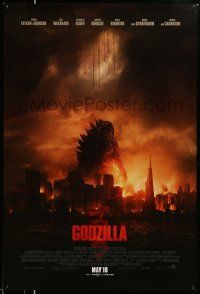 3r717 GODZILLA int'l advance DS 1sh '14 Bryan Cranston, cool image of monster & burning city!