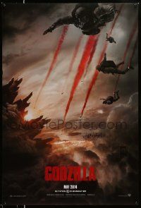 3r718 GODZILLA teaser DS 1sh '14 image of soldiers parachuting over burning San Francisco!