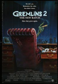 3r762 GREMLINS 2 advance 1sh '90 great Winters artwork of Gremlin in executive chair!