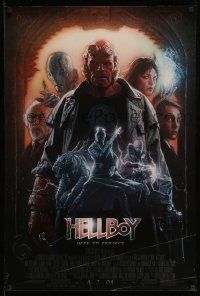 3r809 HELLBOY heavy stock advance 1sh '04 Perlman, Guillermo del Toro, art of cast by Drew Struzan!