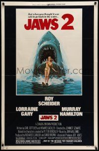 3r969 JAWS 2 1sh '78 great classic art of giant shark attacking girl on water skis by Lou Feck!