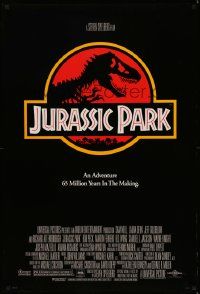 3r986 JURASSIC PARK DS 1sh '93 Steven Spielberg, classic logo with T-Rex over red background