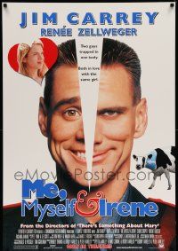 3s190 ME, MYSELF & IRENE style B int'l DS 1sh '00 wacky portrait image of two-faced Jim Carrey!
