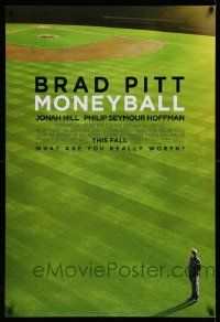 3s229 MONEYBALL advance DS 1sh '11 Brad Pitt standing on baseball field, white title design!