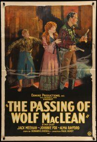 3s332 PASSING OF WOLF MACLEAN 1sh '24 stone litho of cowboy Jack Meehan with guns, woman & boy!
