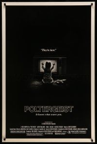 3s394 POLTERGEIST heavy stock 1sh '82 Tobe Hooper, classic, they're here, Heather O'Rourke by TV!