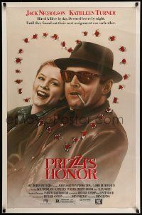 3s414 PRIZZI'S HONOR 1sh '85 Bryan art of smoking Jack Nicholson & Kathleen Turner w/bullet holes!