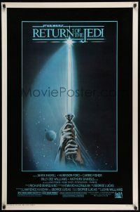 3s474 RETURN OF THE JEDI 1sh '83 George Lucas, art of hands holding lightsaber by Tim Reamer!