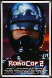 3s505 ROBOCOP 2 DS 1sh '90 great close up of cyborg policeman Peter Weller, sci-fi sequel!