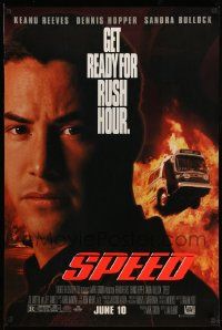 3s658 SPEED style A advance 1sh '94 huge close up of Keanu Reeves & bus driving through flames!