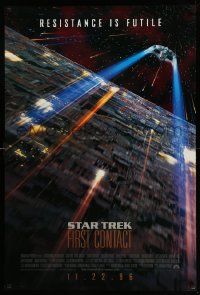 3s704 STAR TREK: FIRST CONTACT int'l advance 1sh '96 image of starship Enterprise above Borg cube!