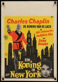 3x045 KING IN NEW YORK Dutch '57 artwork of Charlie Chaplin in front of skyline!