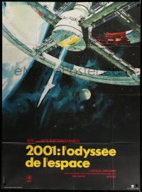 3y646 2001: A SPACE ODYSSEY French 1p R80s Stanley Kubrick, Bob McCall art of space wheel!
