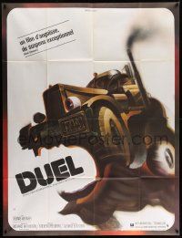 3y725 DUEL French 1p '73 Steven Spielberg, wacky different killer vehicle art by Landi!