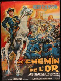 3y747 FINGER ON THE TRIGGER French 1p '65 Belinsky art of Rory Calhoun on horse over battle!