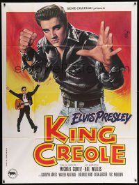 3y804 KING CREOLE French 1p R80s great artwork of Elvis Presley in leather jacket by Jean Mascii!