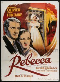 3y910 REBECCA French 1p R70s Hitchcock, Grinsson art of Laurence Olivier & Joan Fontaine!