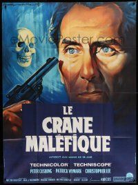 3y939 SKULL French 1p '65 different Roger Soubie art of Peter Cushing, creepy skull & gun!