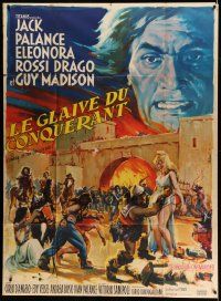 3y955 SWORD OF THE CONQUEROR French 1p '63 Ghirardi art of barbarian Jack Palance storming castle!