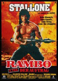 3y444 RAMBO FIRST BLOOD PART II German 33x47 '85 great c/u of Sylvester Stallone w/rocket launcher!