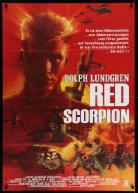 3y447 RED SCORPION German 33x47 '89 cool artwork of Dolph Lundgren looming over desert battle!