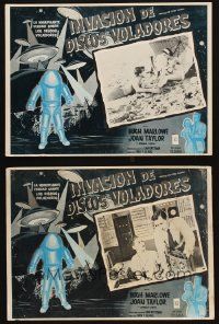 3y516 EARTH VS. THE FLYING SAUCERS set of 2 Mexican LCs R70s sci-fi, cool art of UFOs & aliens!