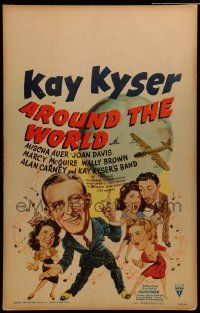 3y073 AROUND THE WORLD WC '43 cool cartoon art of Kay Kyser & top stars with plane & globe!