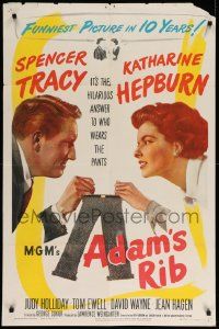 3z013 ADAM'S RIB 1sh '49 Spencer Tracy & Katharine Hepburn fight over who wears the pants!